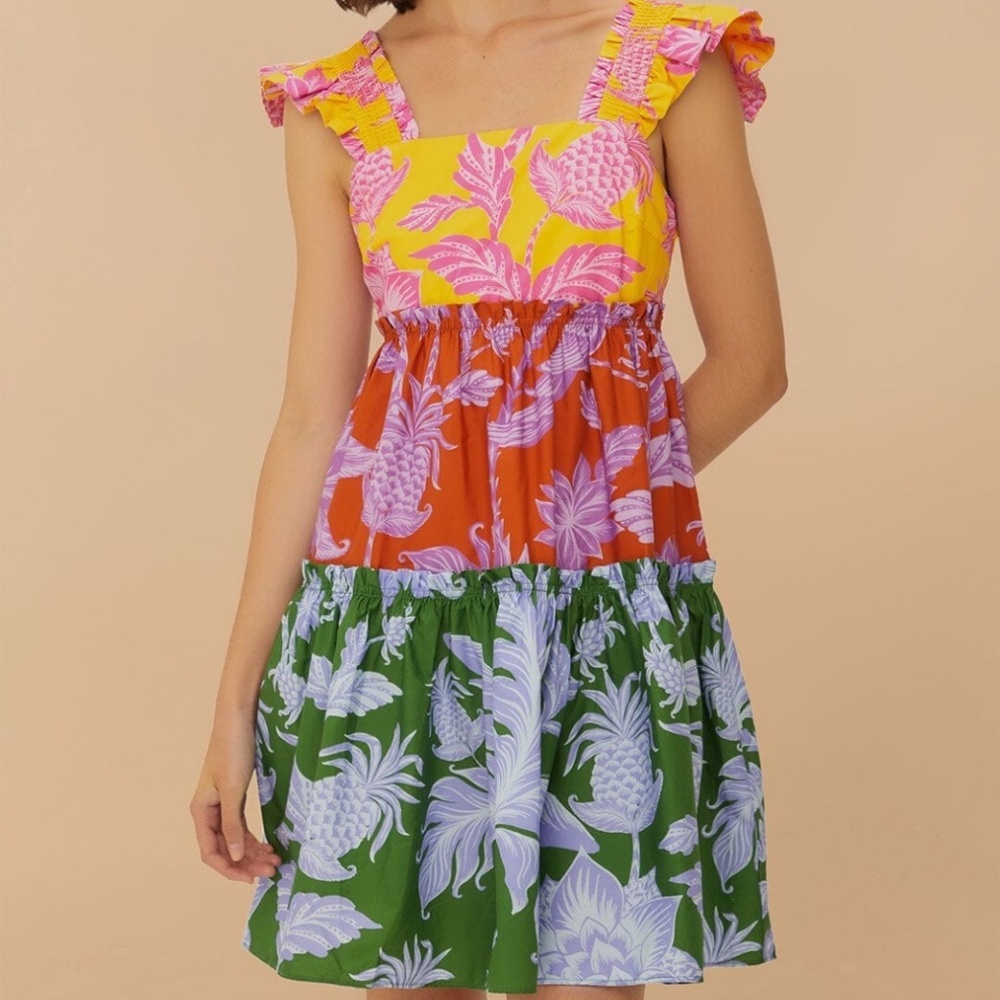 FARM Rio Yellow Pink Orange Green Floral Tiered Mini Dress